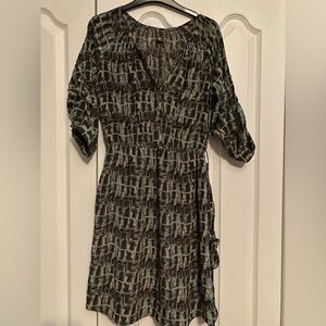100% Silk print V-Neck Sheath Dress with Cuffed Sleeves